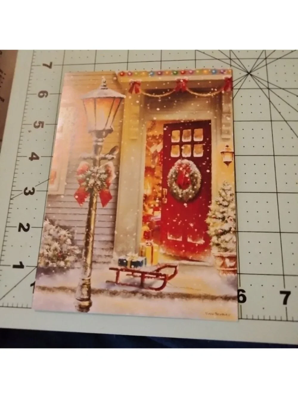 Holiday Greeting Card Simon Treadwell Christmas Door Wreath Lamppost Sled USA
